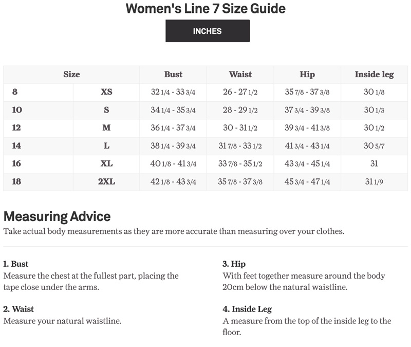 womens line7 size guide inches g