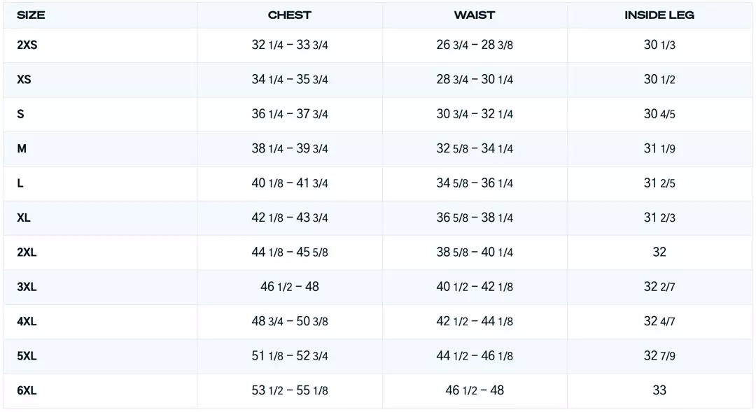 LINE 7 Storm Armour10 Men Size Guide INCHES